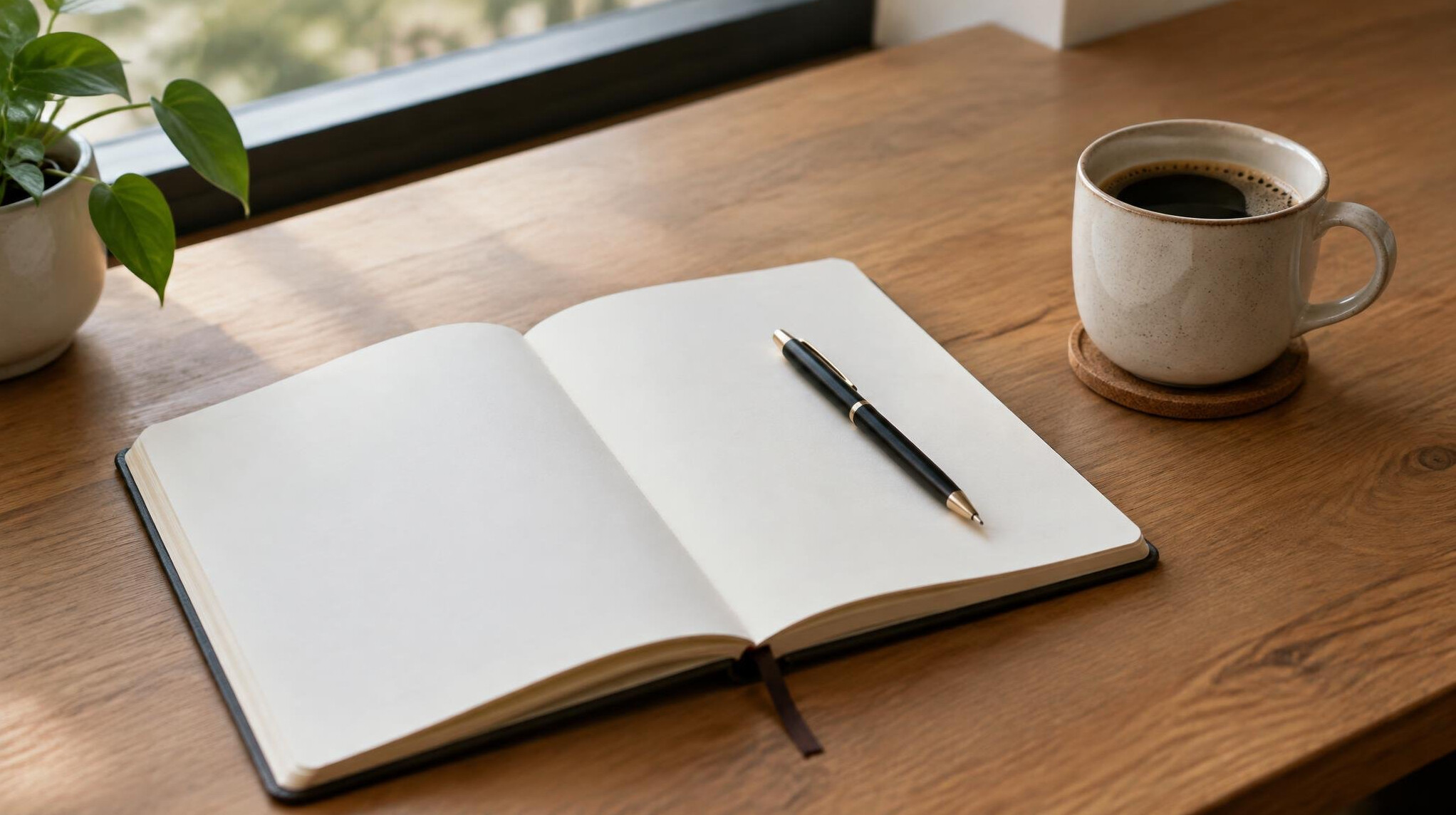 Open notebook with a pen resting beside a cup of coffee on a desk