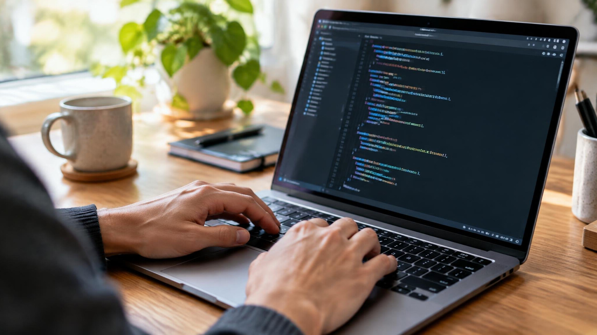 Close-up of hands typing code on a laptop keyboard