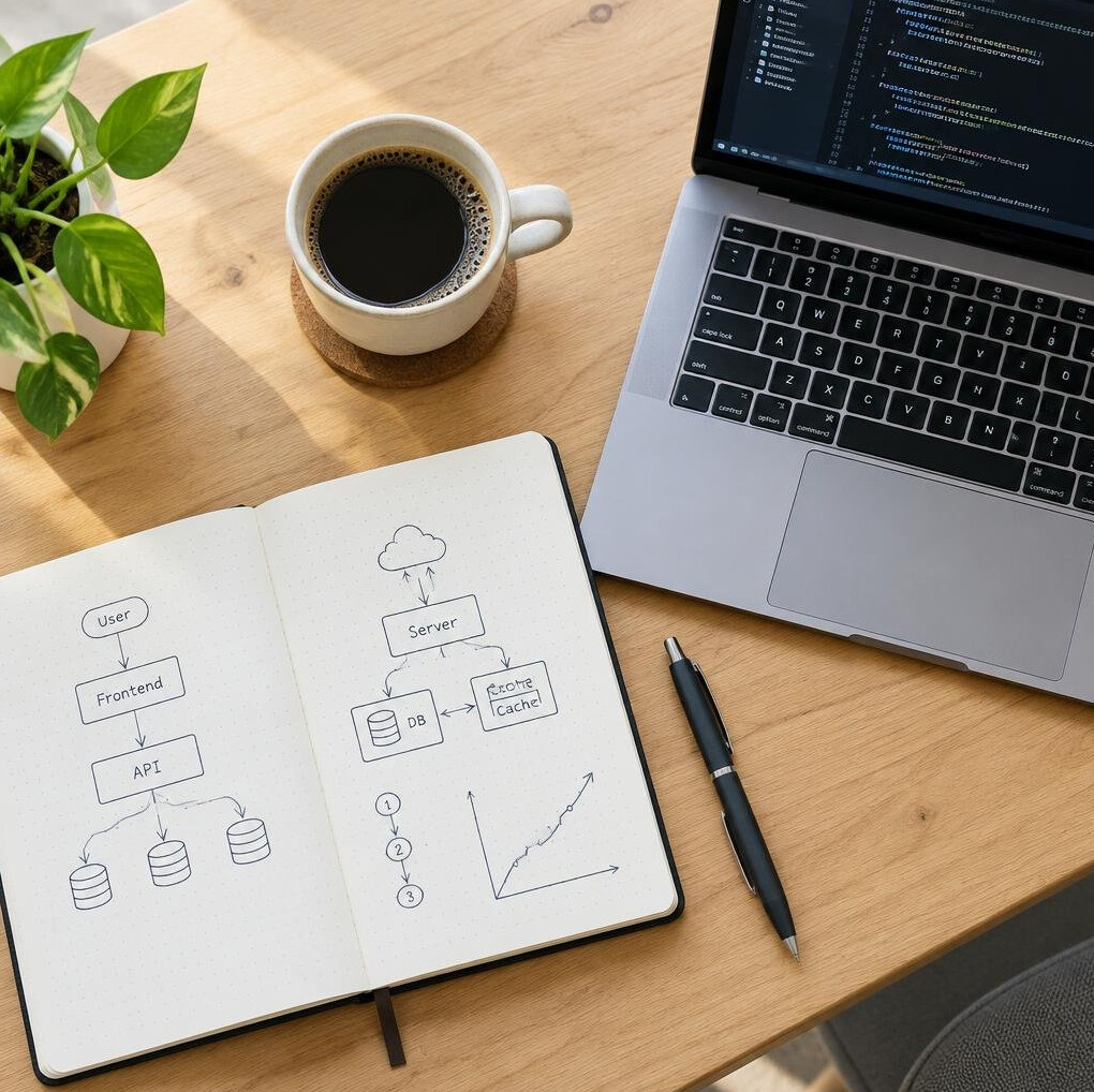 Overhead view of a desk with notebook, pen and laptop showing code